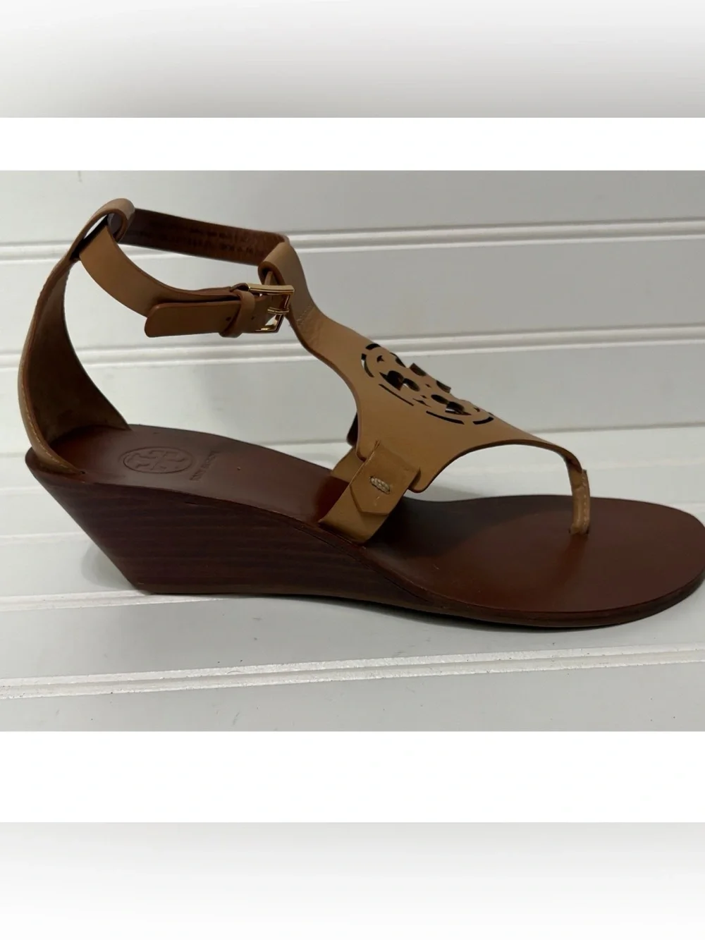TORY BURCH Zoe Brown Leather Wedge Heel T Strap Sandals Shoes Womens Size 7 M
